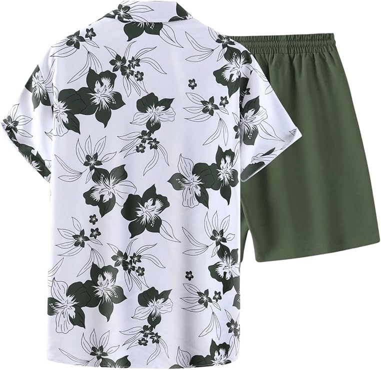 GORGLITTER Men's Vacation Beach Outfits 2 Piece Shorts Set Floral Hawaiian Button Down Shirt and Shorts