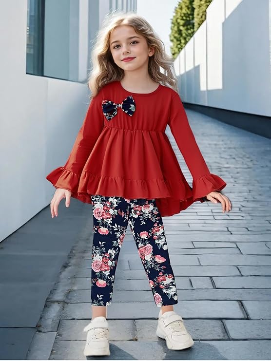 Toddler Kid Girl Clothes Ruffle Sleeve High Low Top Floral Allover Pants Fall Winter Outfit Set