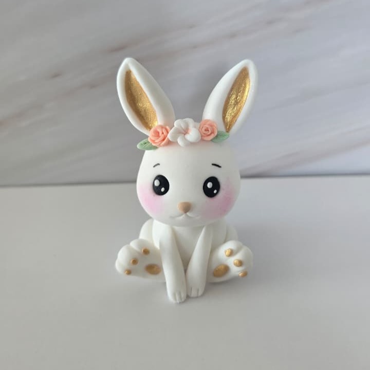 White Fondant Bunny with Floral and Gold Accents