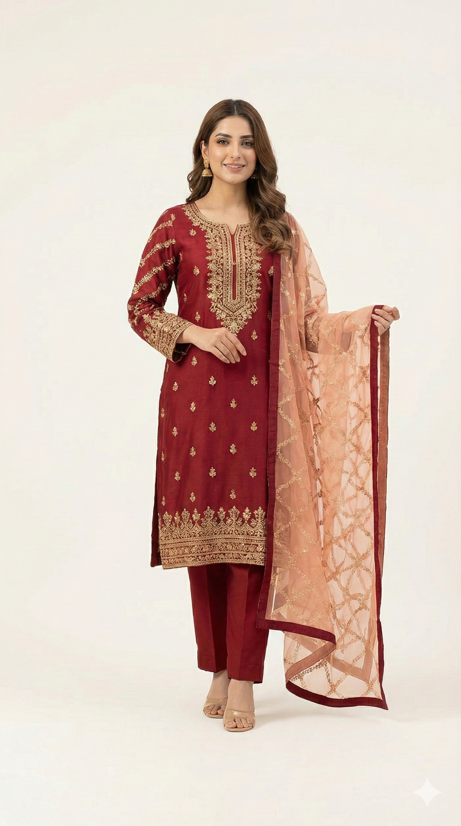Embroidered Maroon Traditional Suit
