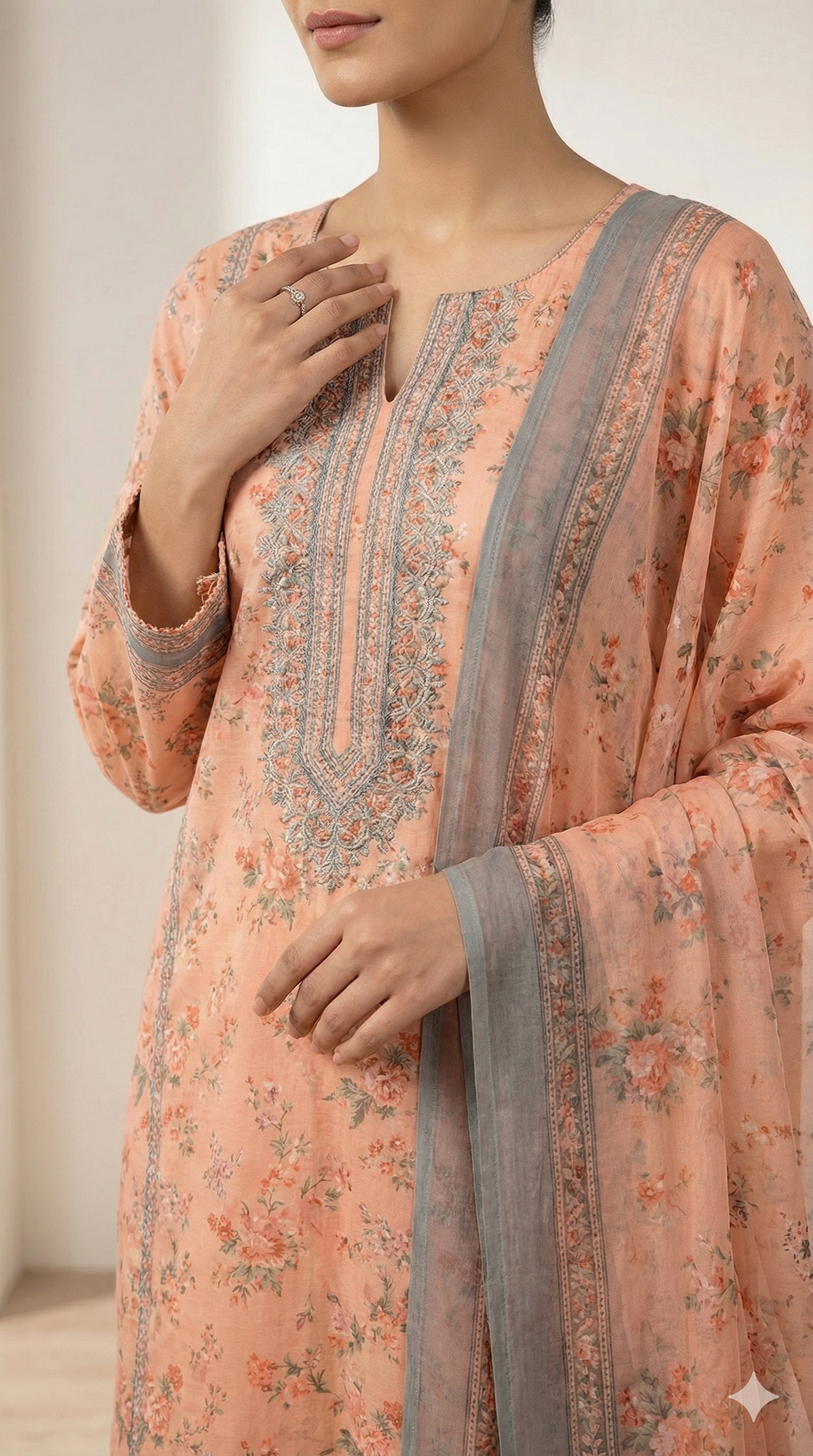 Peach Floral Embroidered Kurta Set