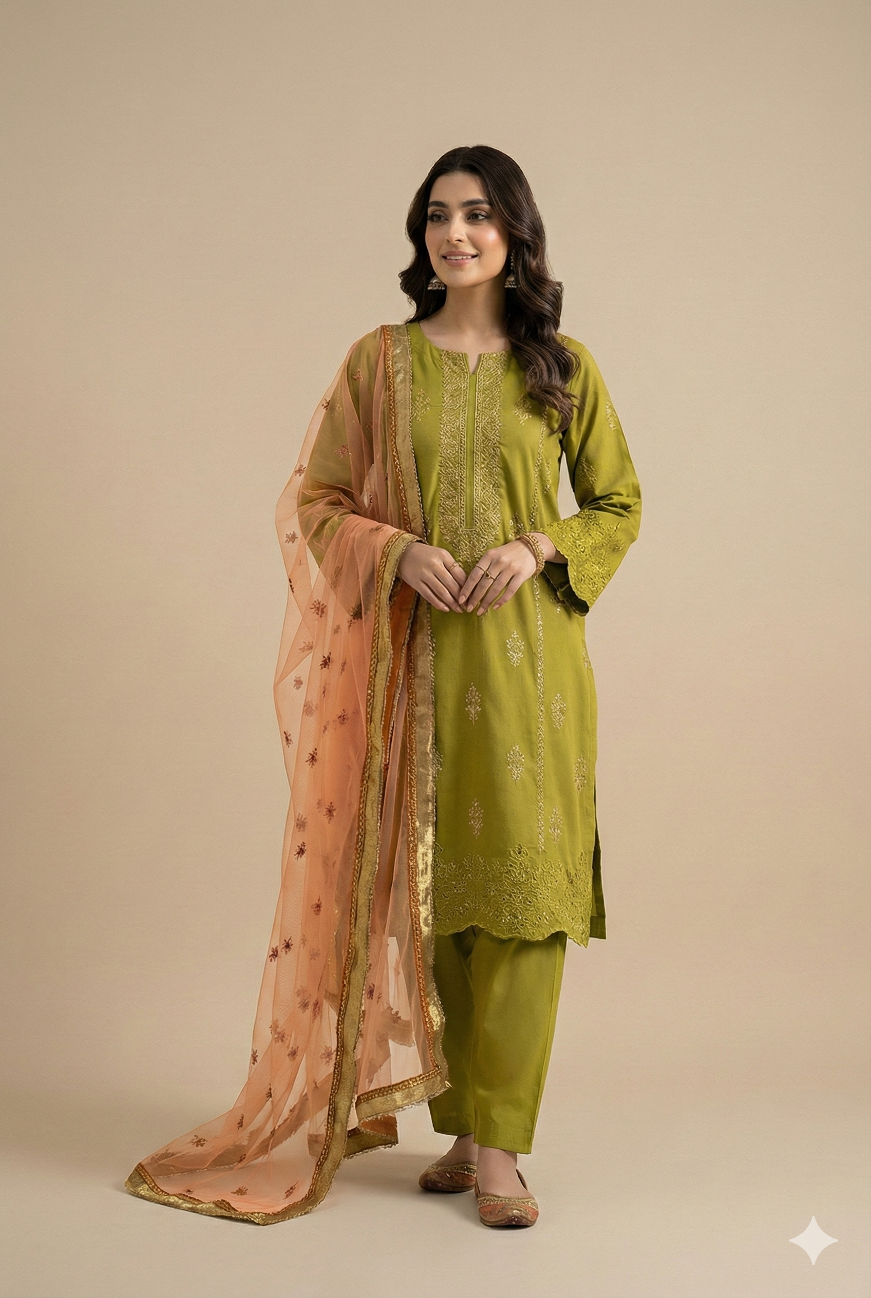 Embroidered Olive Green Kurta Set