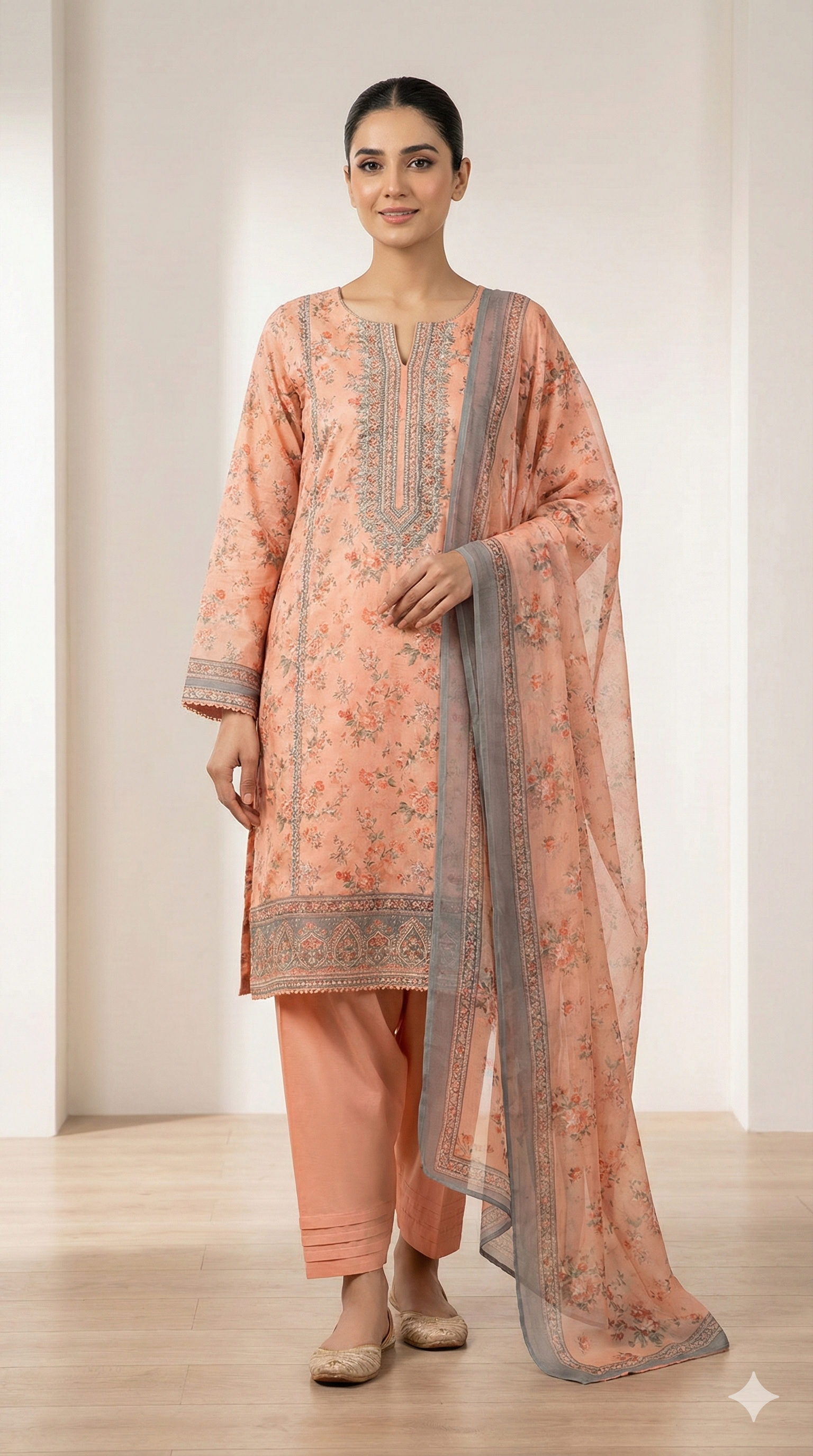 Peach Floral Embroidered Kurta Set