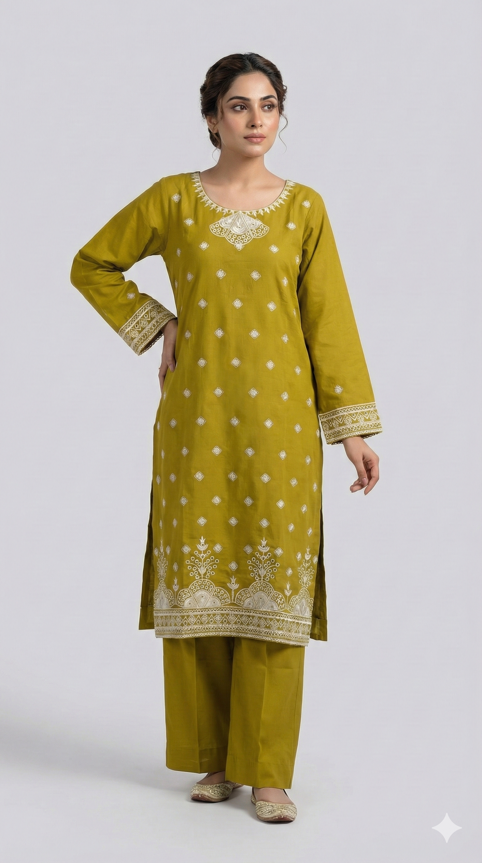 Embroidered Olive Green Kurta