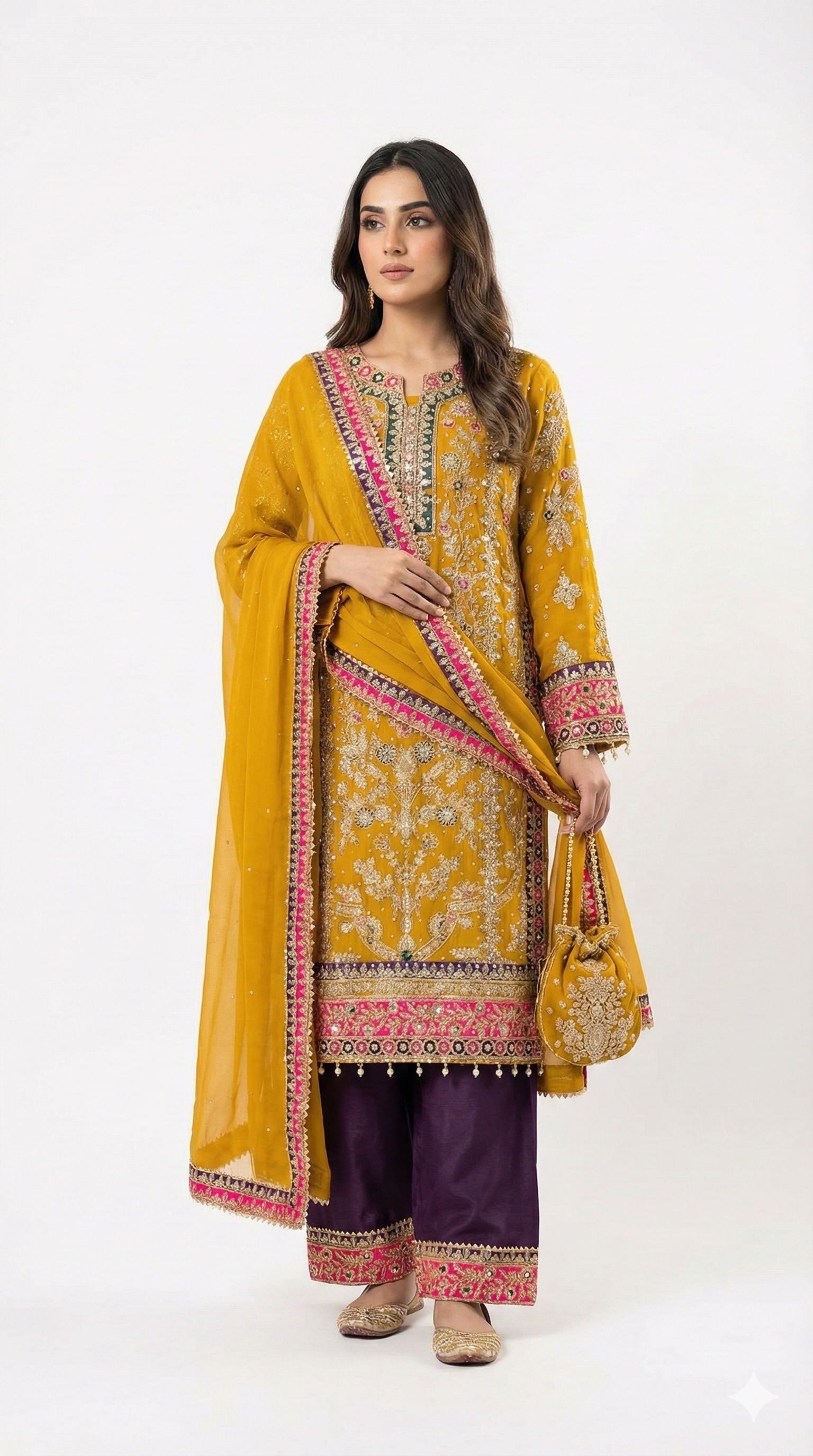 Embroidered Mustard Traditional Suit