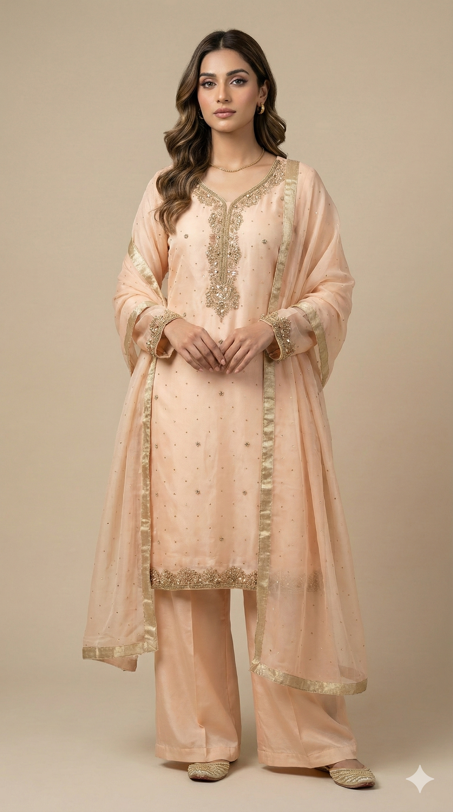 Embroidered Peach Traditional Suit