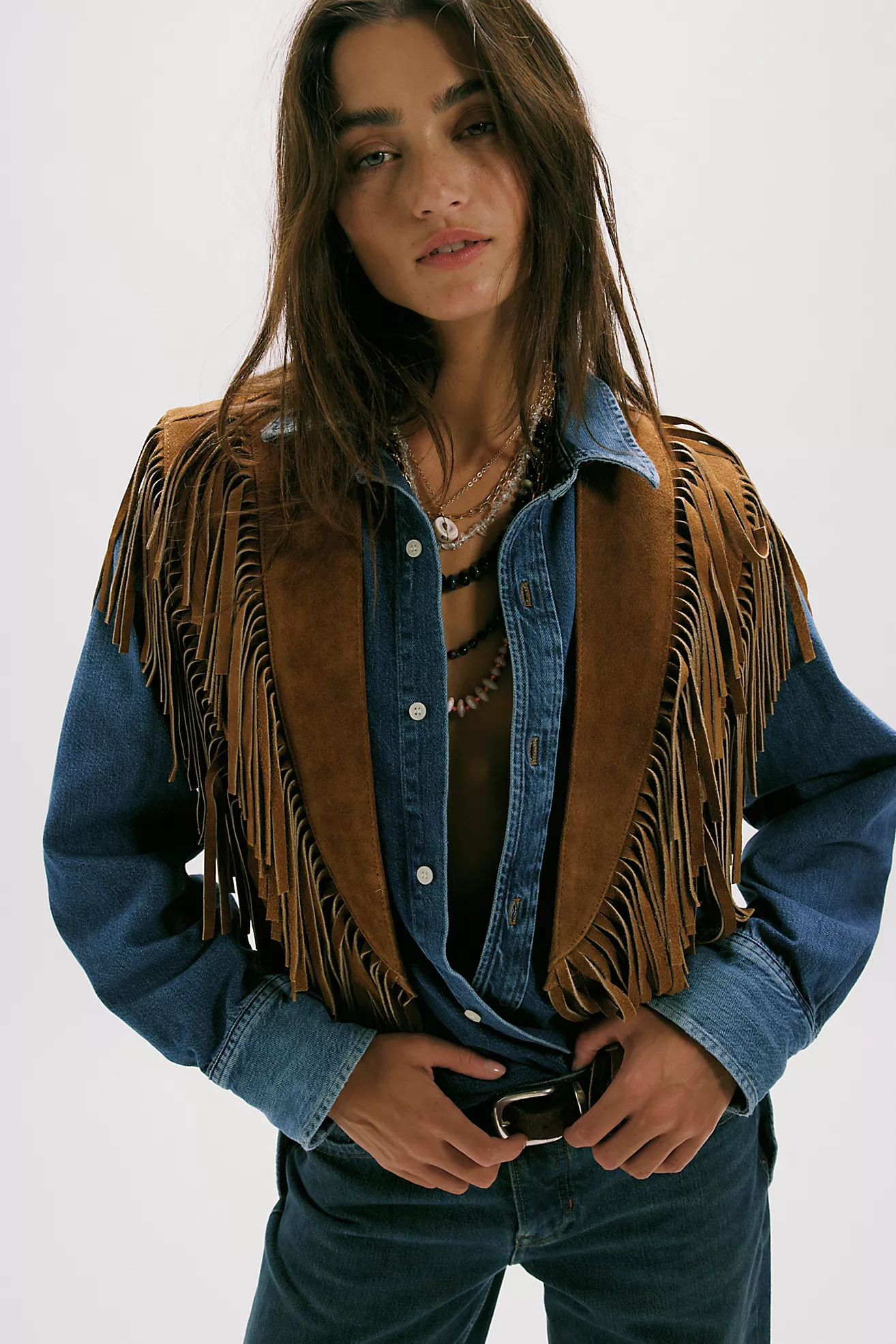 Understated Leather Wide Eyes Suede Fringe Collar
