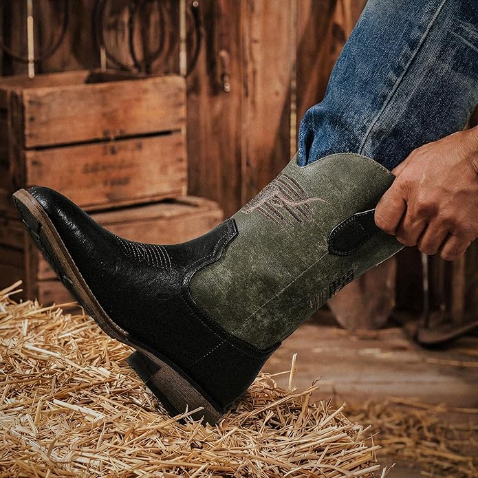 Winbird Cowboy Boots For Men Square Toe Western Men's Boots 