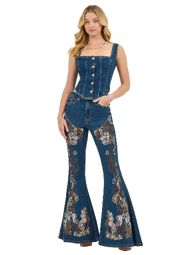 WRANGLER X LAINEY WILSON WOMEN’S BOHO WASH EMBROIDERED BELL BOTTOM JEANS