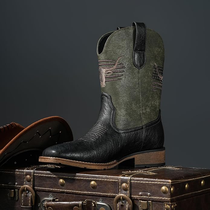 Winbird Cowboy Boots For Men Square Toe Western Men's Boots 