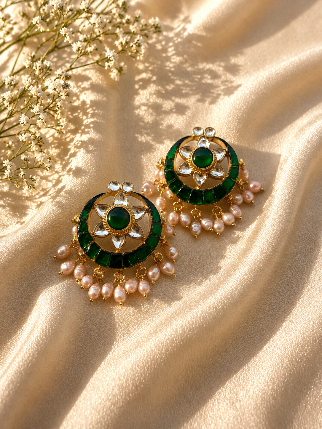 Green Kundan & Pearl Studs - 925 Silver