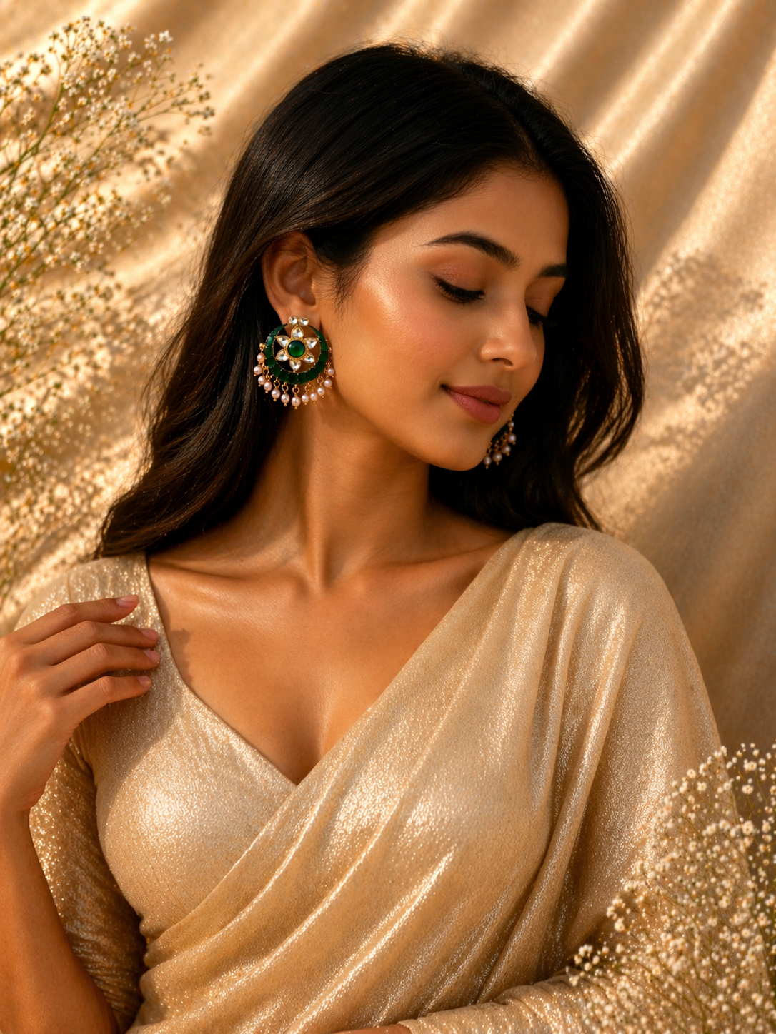 Green Kundan & Pearl Studs - 925 Silver