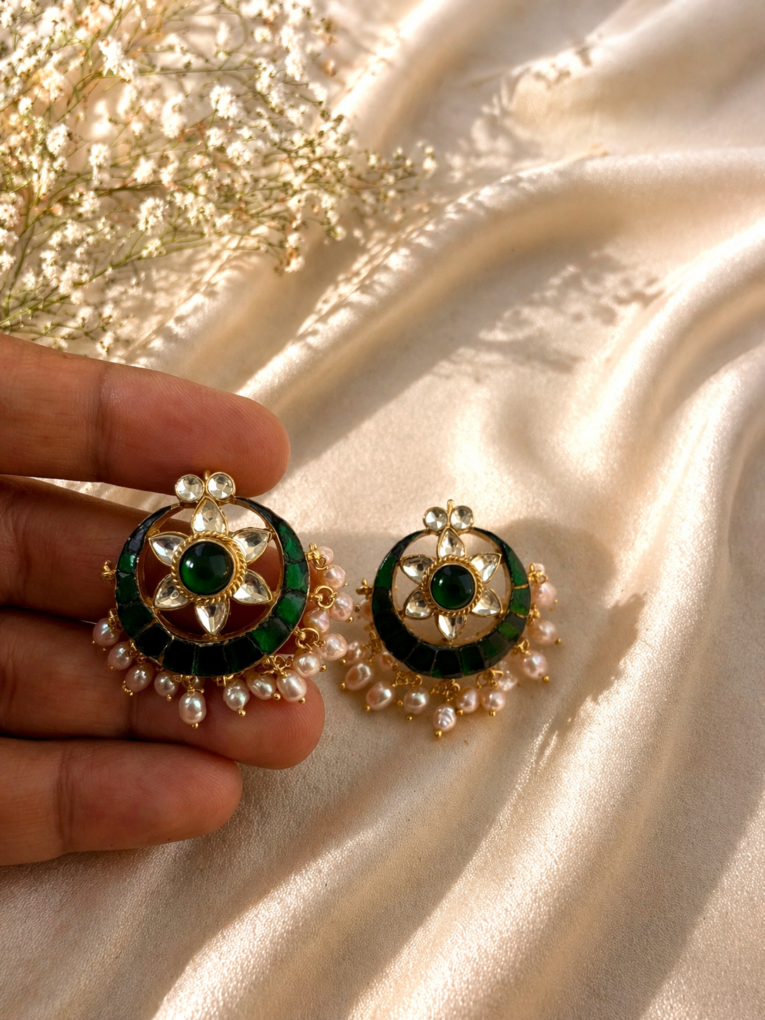Green Kundan & Pearl Studs - 925 Silver