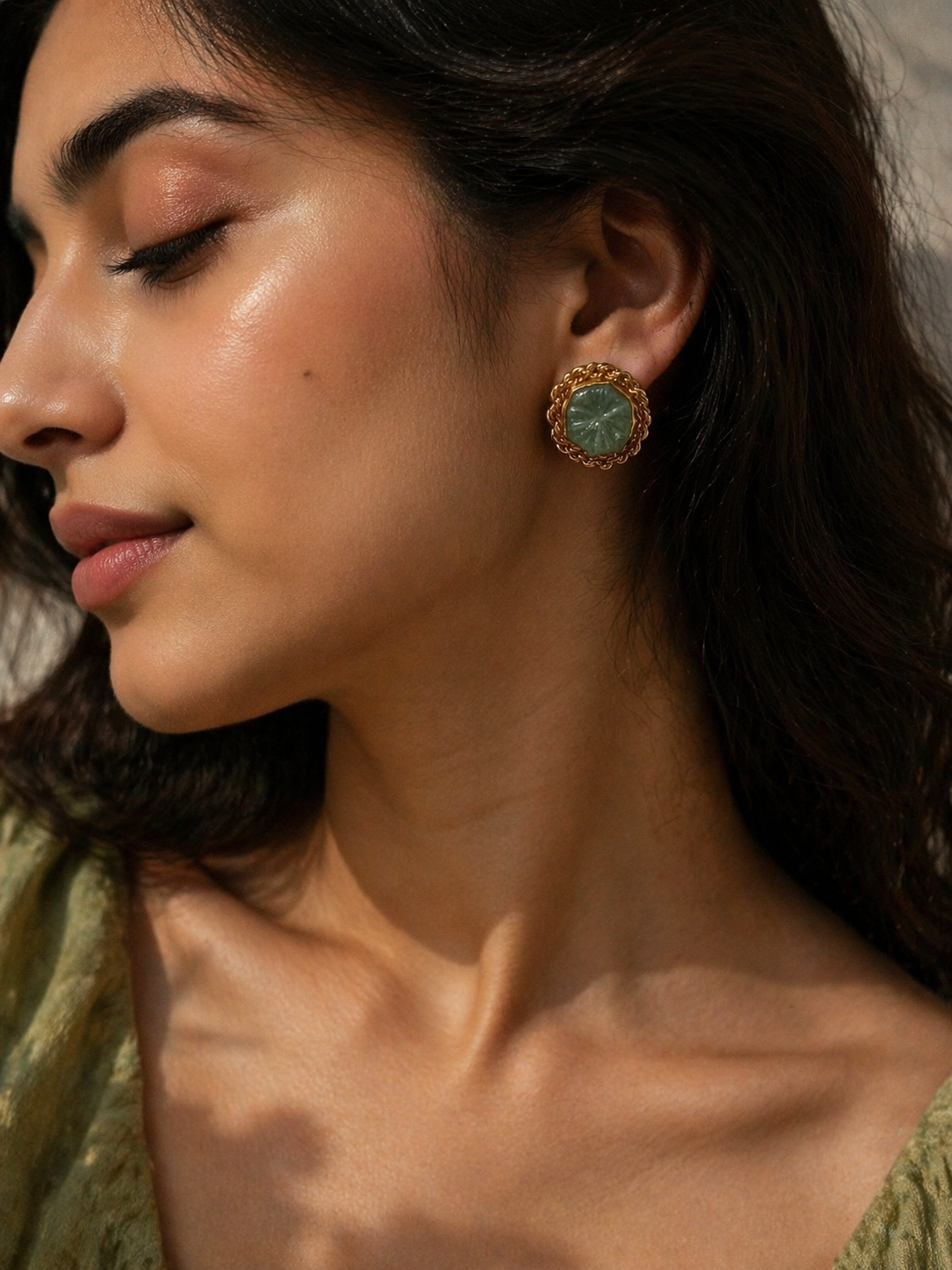 Green Stone Gold-Plated Studs - 925 Silver