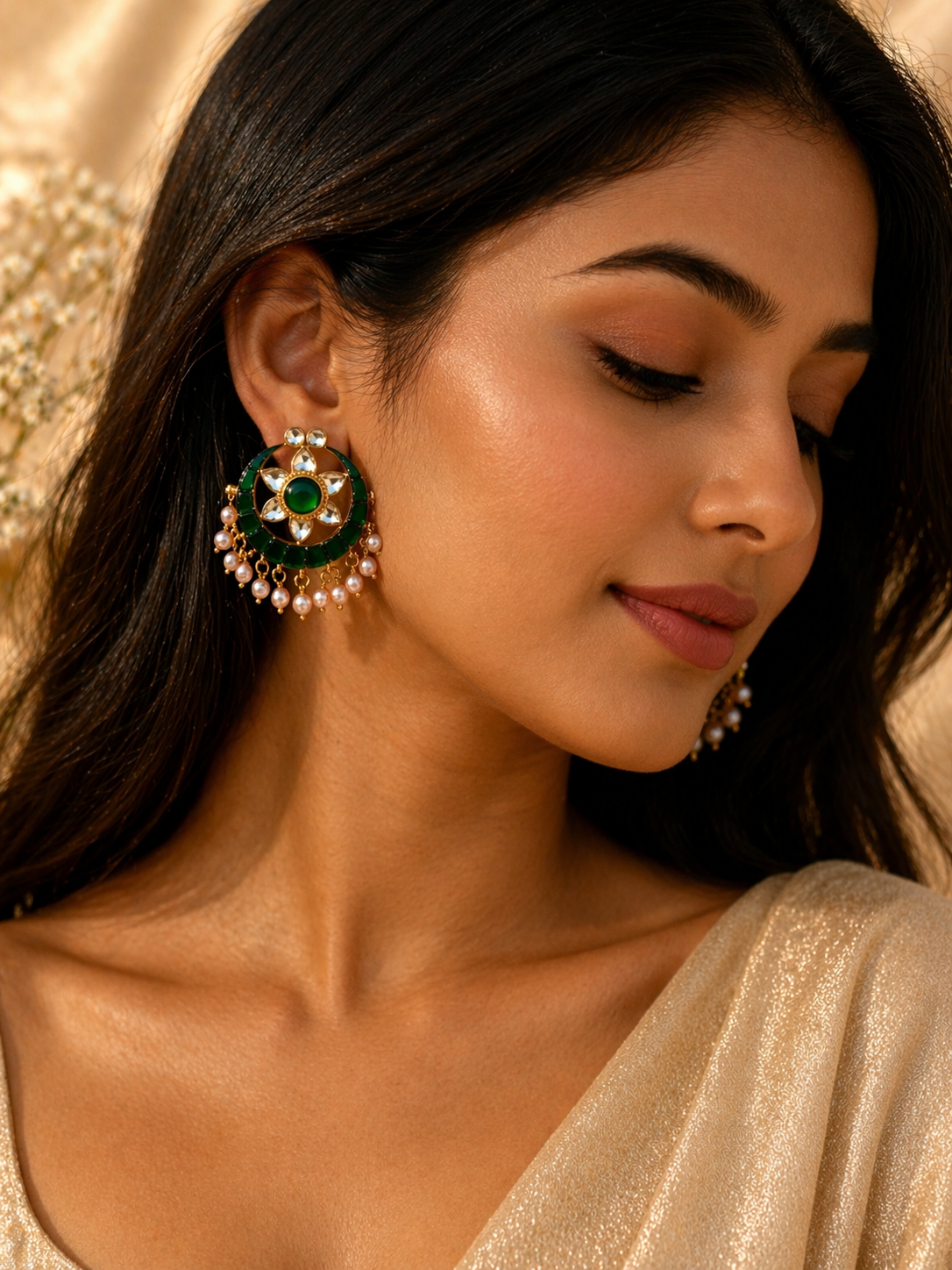 Green Kundan & Pearl Studs - 925 Silver