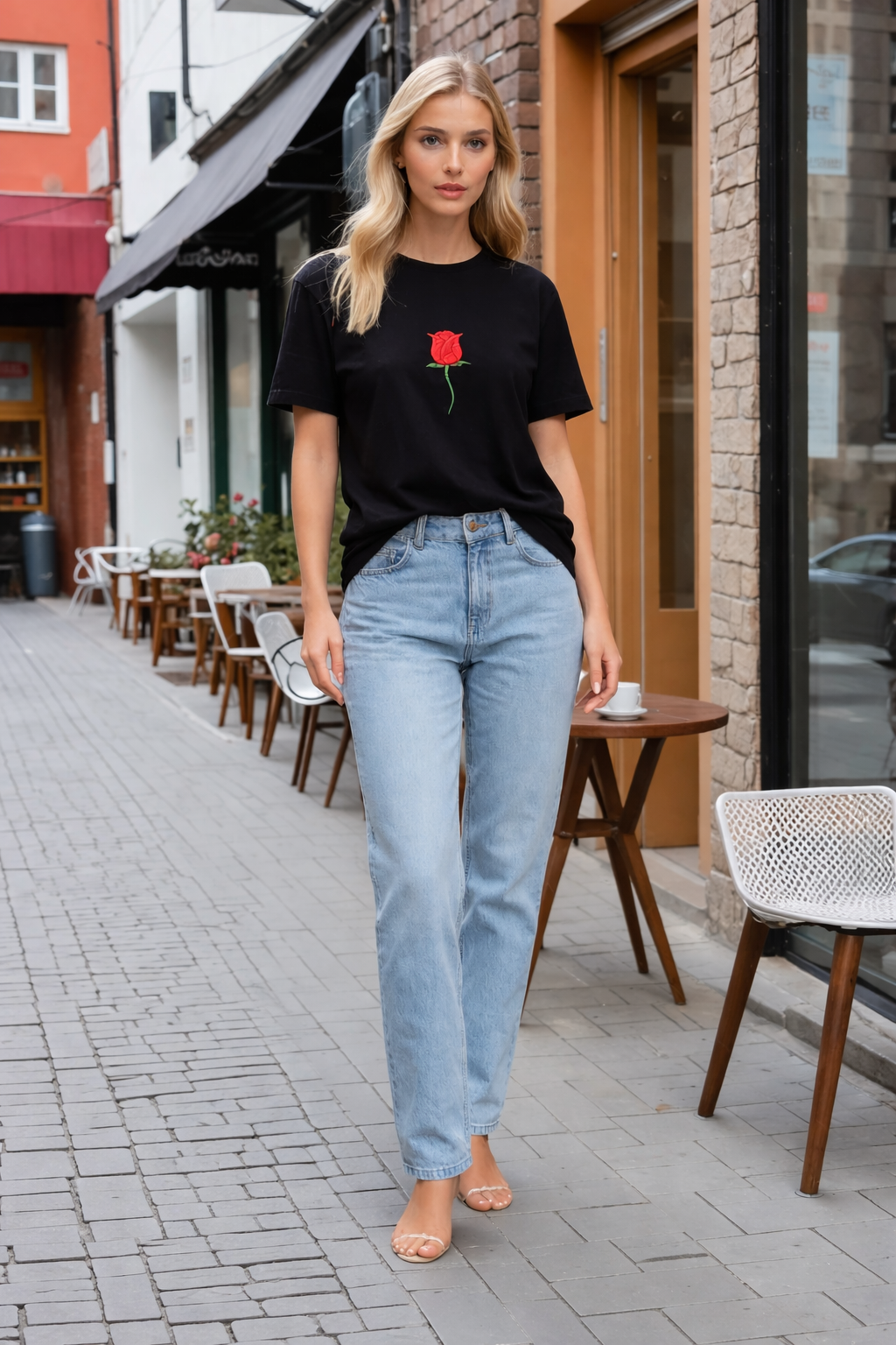 Gül Nakışlı Siyah Tişört