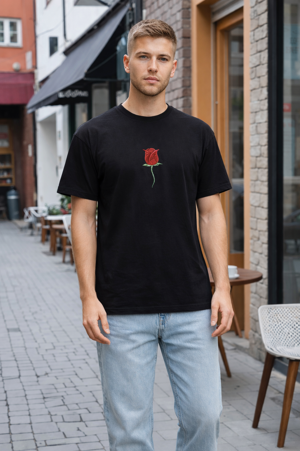 Gül Nakışlı Siyah Tişört