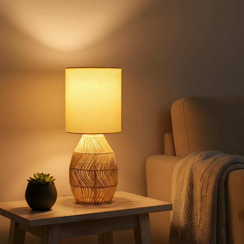 Boho Rattan Table Lamp for Bedroom, Handmade Bamboo Woven Nightstand Lamp with 3 Lights