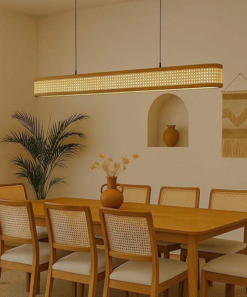 Rattan Linear Pendant Light Š Long Suspension Chandelier | Boho Handmade Cane Ceiling Lamp for Dining or Kitchen