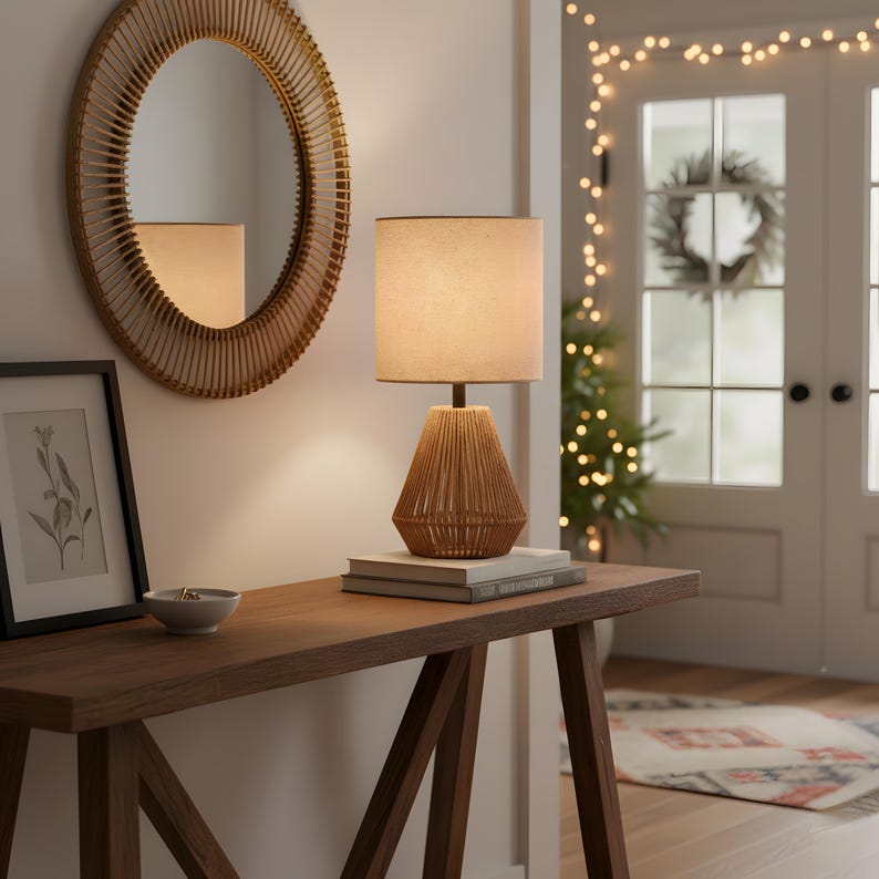 Boho Rattan Woven Nightstand Light with Linen Shade for Bedroom and Living Room Decor