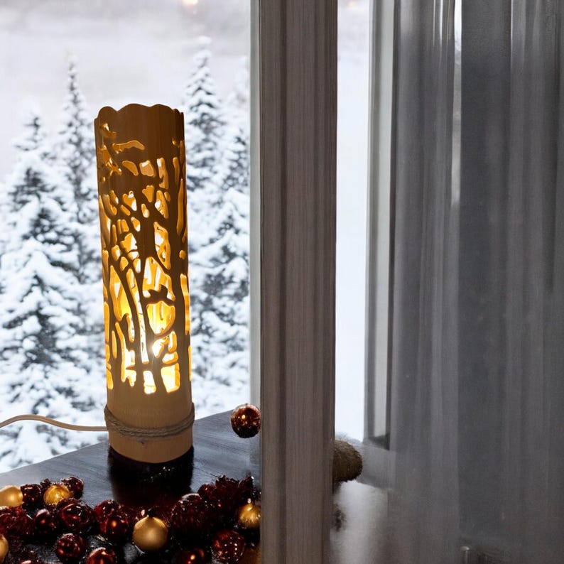 Handmade Bamboo Table Lamp: Forest Design, Feng Shui Decor (12 Inches)