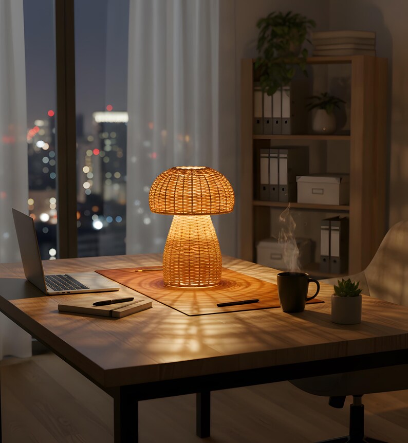 Handmade Rattan Mushroom Light Boho Woven Wicker Bedside Lamp with Three Color Modes Decor
