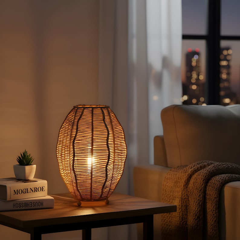 Rattan Woven Boho Table Lamp Coastal Farmhouse Bedside Tripod Light Mid Century Kids Room