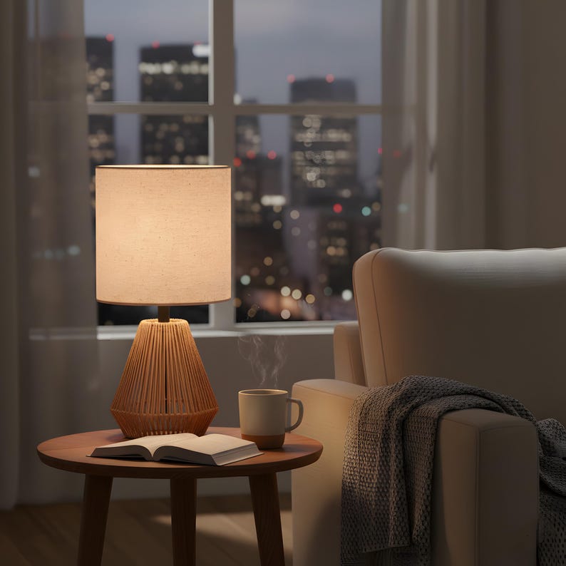 Boho Rattan Woven Nightstand Light with Linen Shade for Bedroom and Living Room Decor