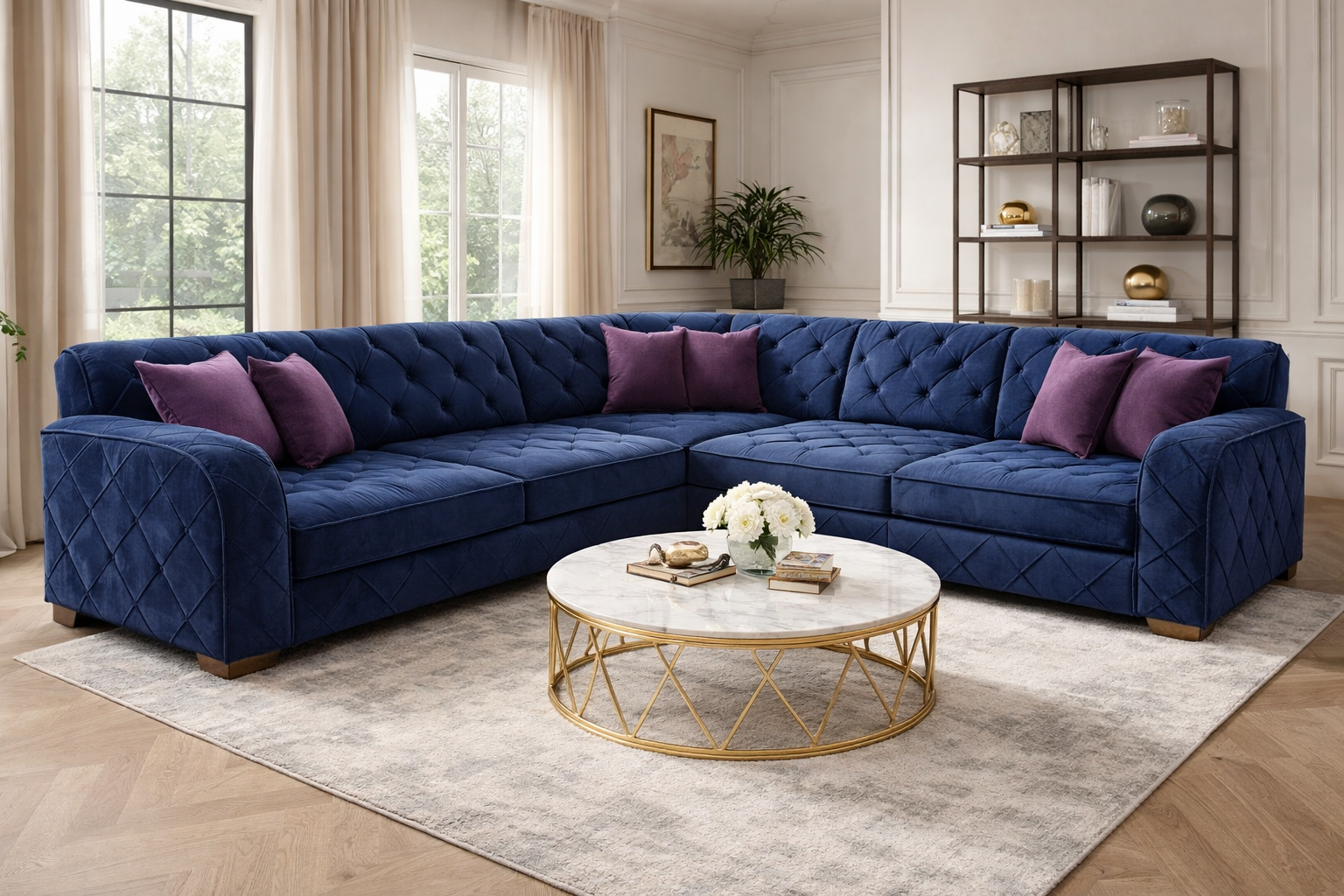 Luxurious Blue Velvet Sectional Sofa