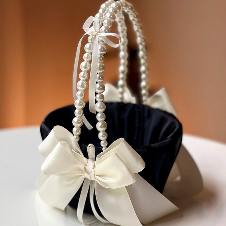 Flower Girl Basket Black Ivory Wedding Basket, Pearl Handle Basket, Flower Girl Gift, Proposal, Ivory Wedding Baskets, Flower Girl Baskets
