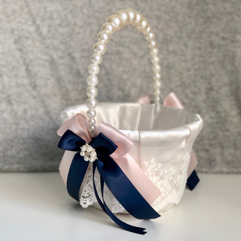 Navy Flower Girl Basket, Flower Girl Baskets, Pearl Handle Basket, Blush Wedding Basket, Blush Pink Basket, Lace Wedding Basket
