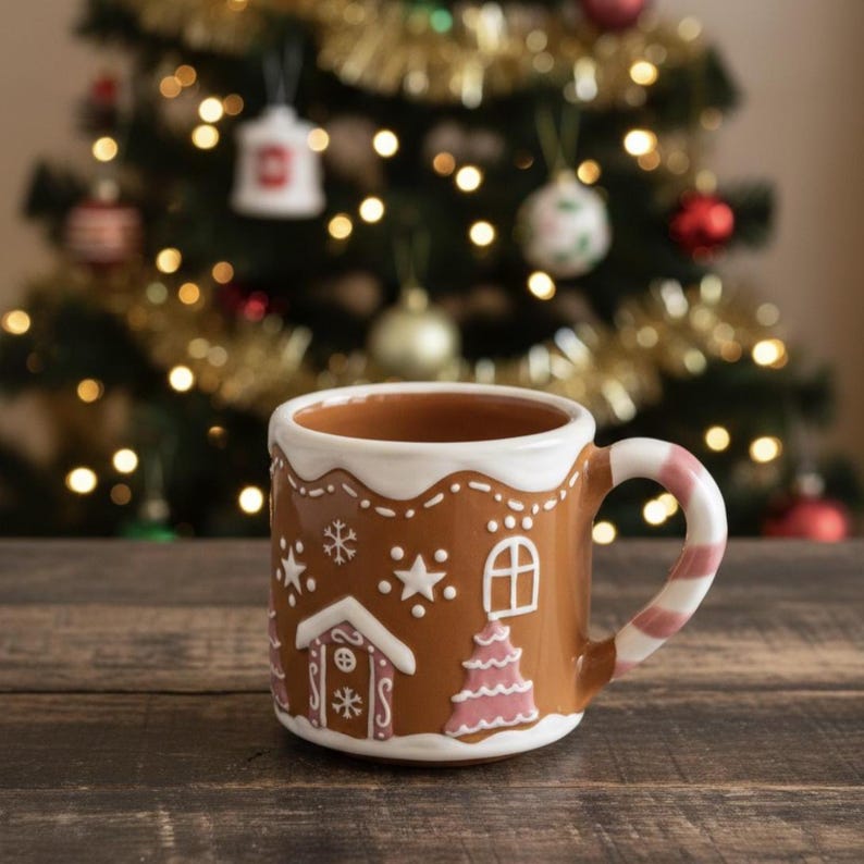 Hand Painted Holiday House Mug 15oz Talavera Ceramic Pink House Candy Cane Handle or Pine Detail Made in Puebla Mexico Christmas Decor Gift