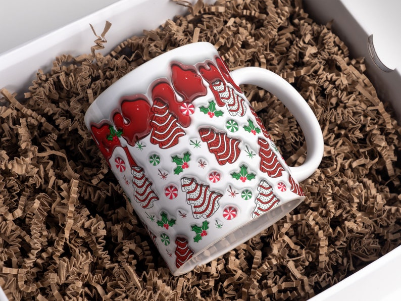 3D Christmas Tree Cakes Inflated Mug Wrap Sublimation Design 11oz & 15oz, Puffy Snack Cakes Xmas Mug Wrap PNG, Instant Digital Download