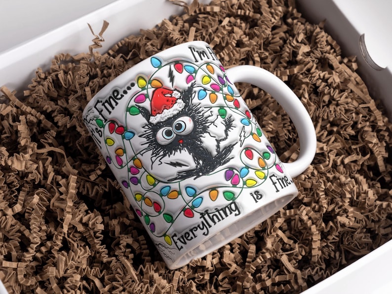 3D It's Fine Everything is Fine Inflated Mug Wrap, Christmas Light Sublimation Design 11oz & 15oz, Puff Funny Cat Mug PNG, Sarcastic Xmas