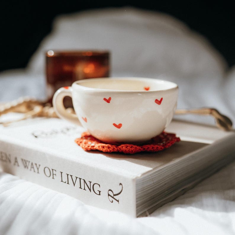Handmade Ceramic Heart Mug with Free Crochet Coaster Cute Coffee Mug 10 oz Latte Cup Mexican Pottery Cozy Gift for Coffee & Tea Lovers