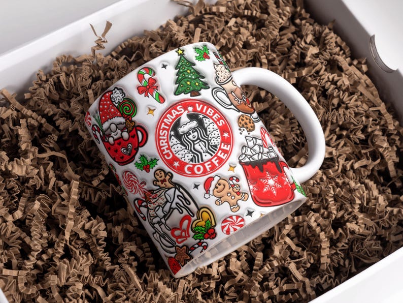 3D Inflated Red Christmas Vibes Coffee Mug Wrap Sublimation Design 11oz & 15oz, Puffy Xmas Digital Download, Coffee Lover Christmas Gift