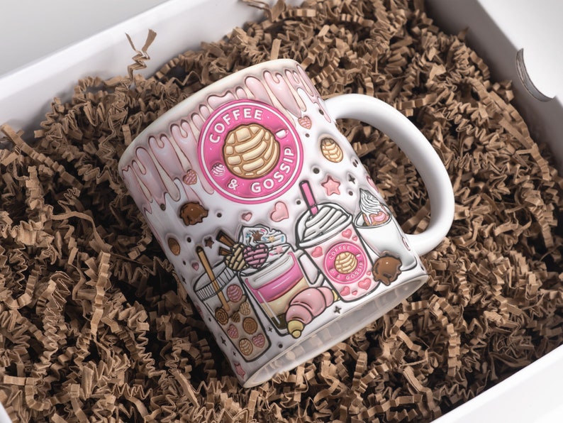 3D Inflated Coffee and Gossip Inflated Mug Wrap Design 11oz & 15oz, 3D Coffee Cups Puffy Mug Sublimation PNG, Mug Template For Sublimation