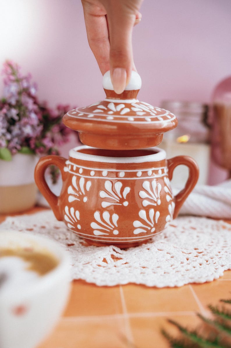 Handmade Mexican Barro Sugar Bowl with Lid + Wooden Heart Spoon Rustic Clay Container Mexican Pottery Sugar Jar Kitchen Decor Gift