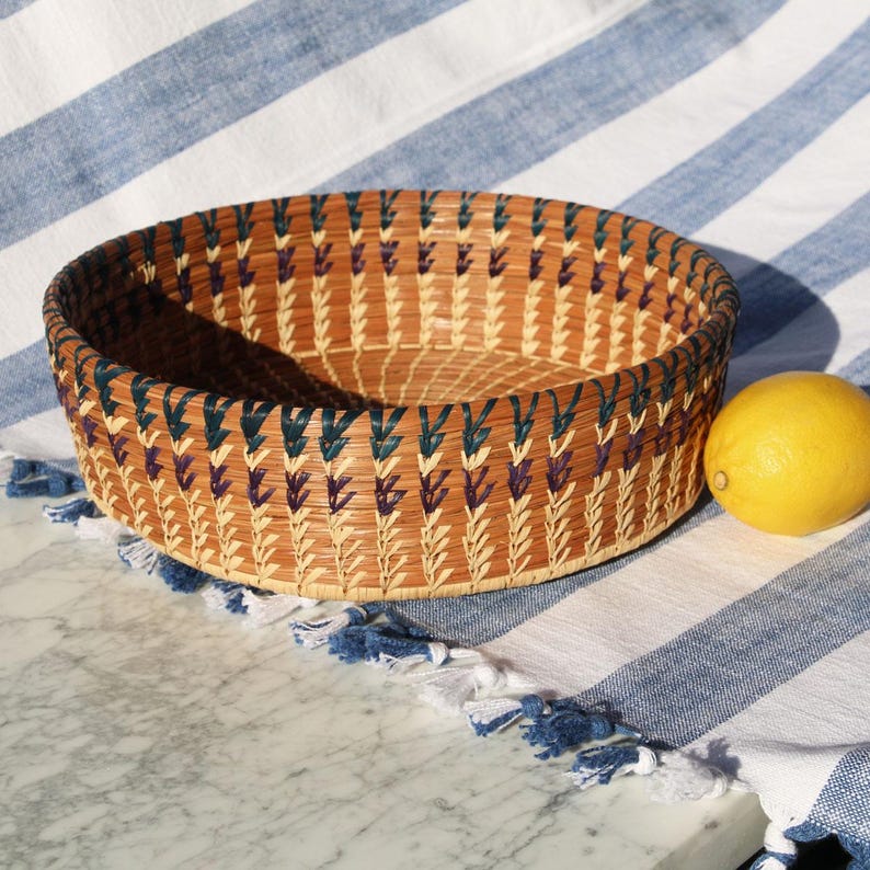 10 x 3 inch Handwoven Basket with Navy and Plum Detail