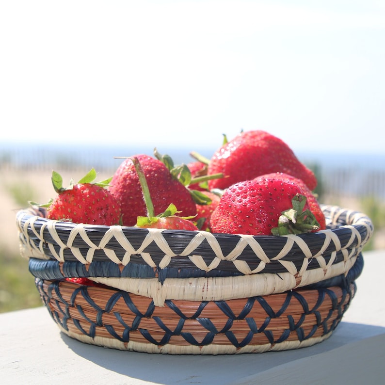 Pine Needle and Raffia Maria Luisa Basket with Blue and brown