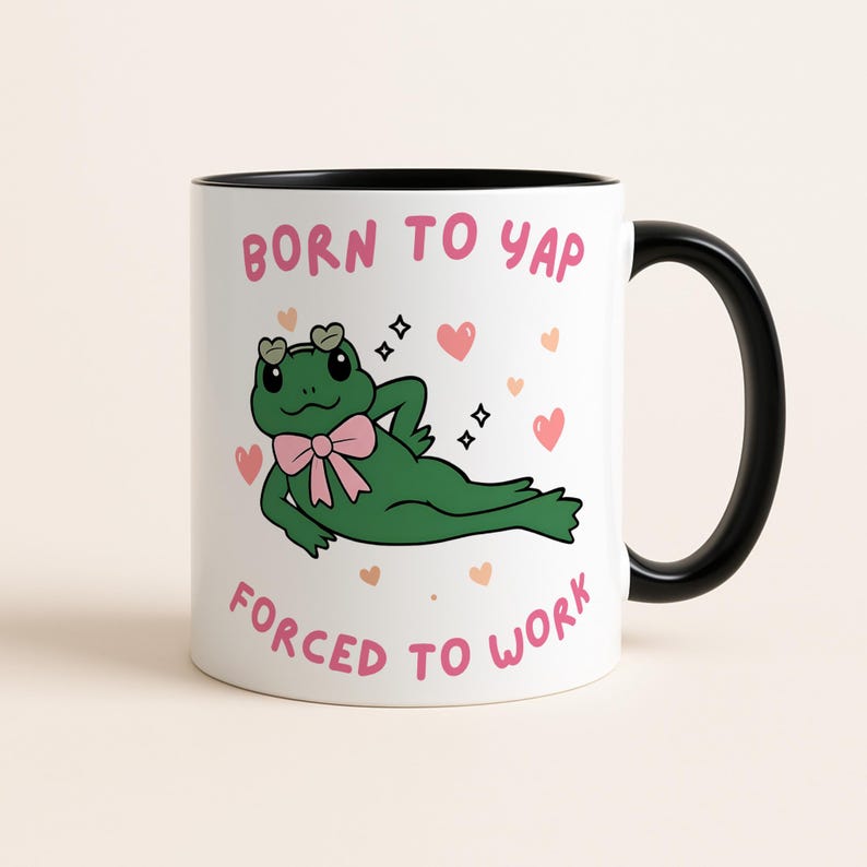 Born to Yap Forced to Work Mug, Funny Frog Coffee Cup, Tiktok Viral Meme, Just a Girl Gift for Her, Funny Work Gift, Coworker Mug, Pink Gift