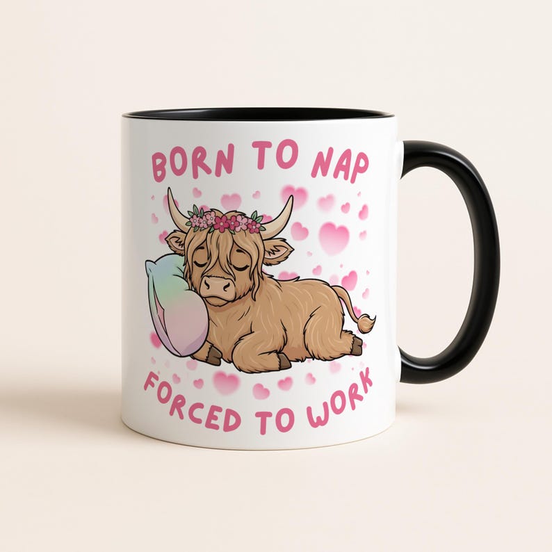 Born to Nap Forced to Work Mug, Funny Highland Cow Tiktok Viral Meme, Just a Girl Gift for Her, Funny Work, Coworker Gift, Pink Slay Gifts