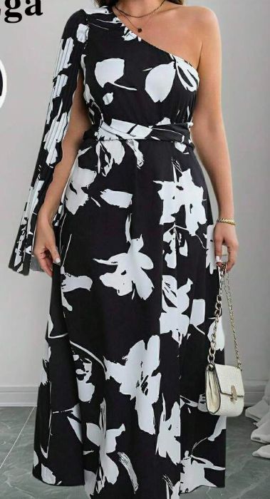 Black and White Floral One-Shoulder Maxi Dress 3XL