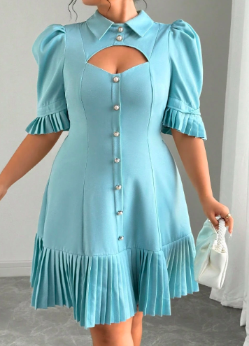 Elegant Light Blue Pleated Dress 3XL