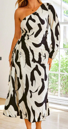 One-Shoulder Abstract Print Midi Dress 2XL
