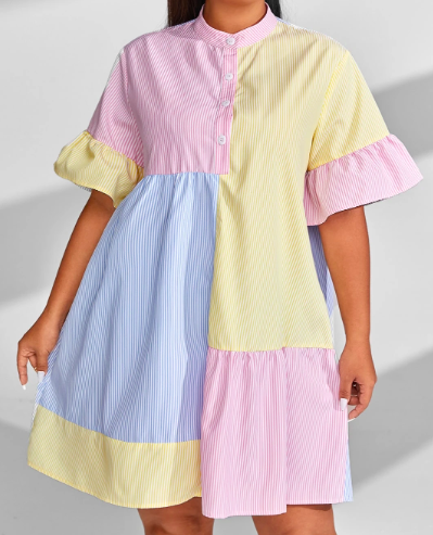 Color Block Striped Shirt Dress 2XL