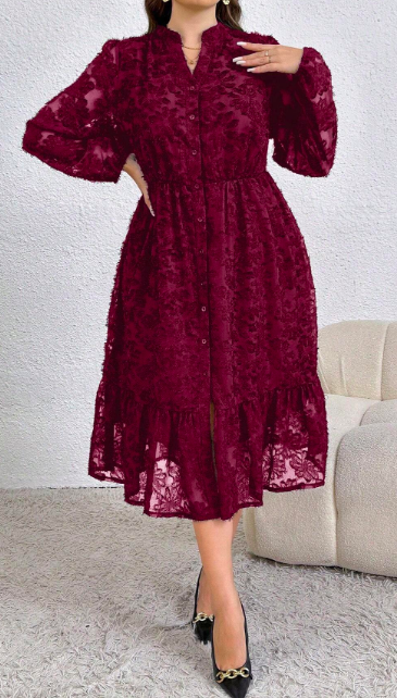 Elegant Burgundy Lace Midi Dress 4XL