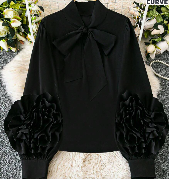 Elegant Black Blouse with Ruffled Sleeves 3XL