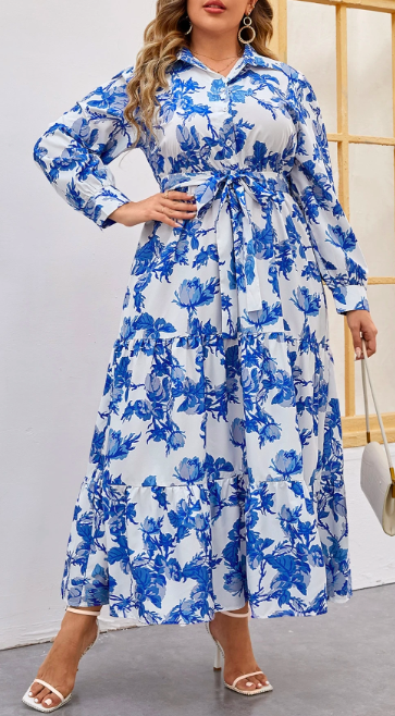 Elegant Blue Floral Maxi Dress 2XL