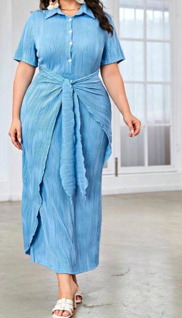 Blue Pleated Shirt Dress 2XL
